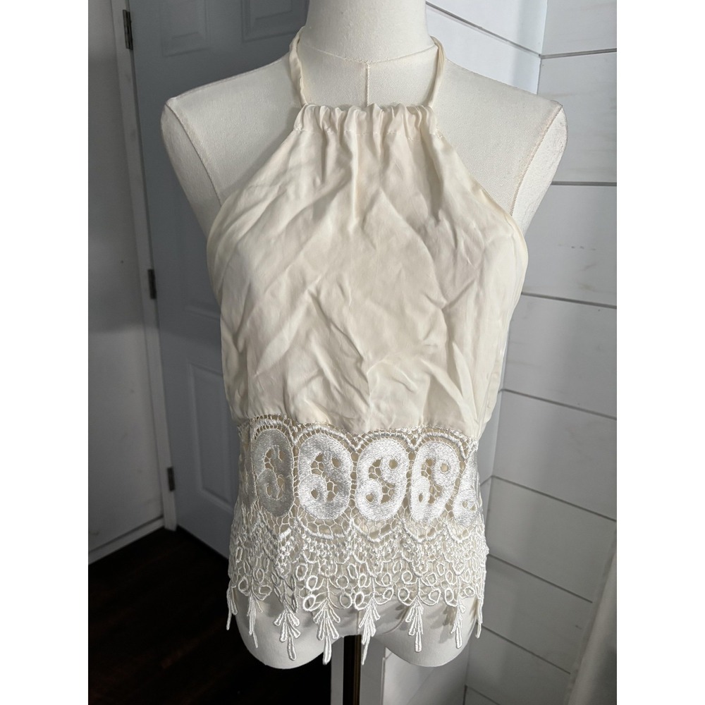 Stone Cold Fox Tank Top Womens 1 White Halter Crochet Lace Trim Boho Open Back